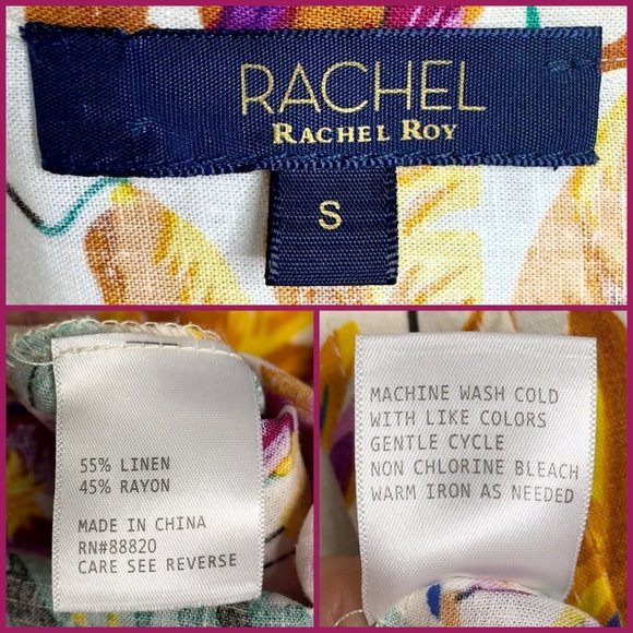 Rachel Roy Bright Multicolor Floral Novelty Linen Blend Button Down Blouse Sz S - Picture 5 of 9